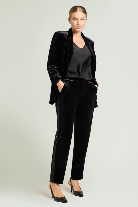 PANTALONI IN VELLUTO CON BANDE IN PAILLETTES