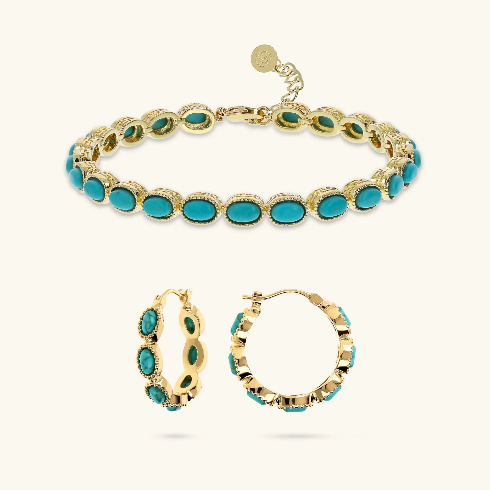 Image of Set Bracciale + Orecchini a Cerchio Lavorati con Pietra Naturale Turchese