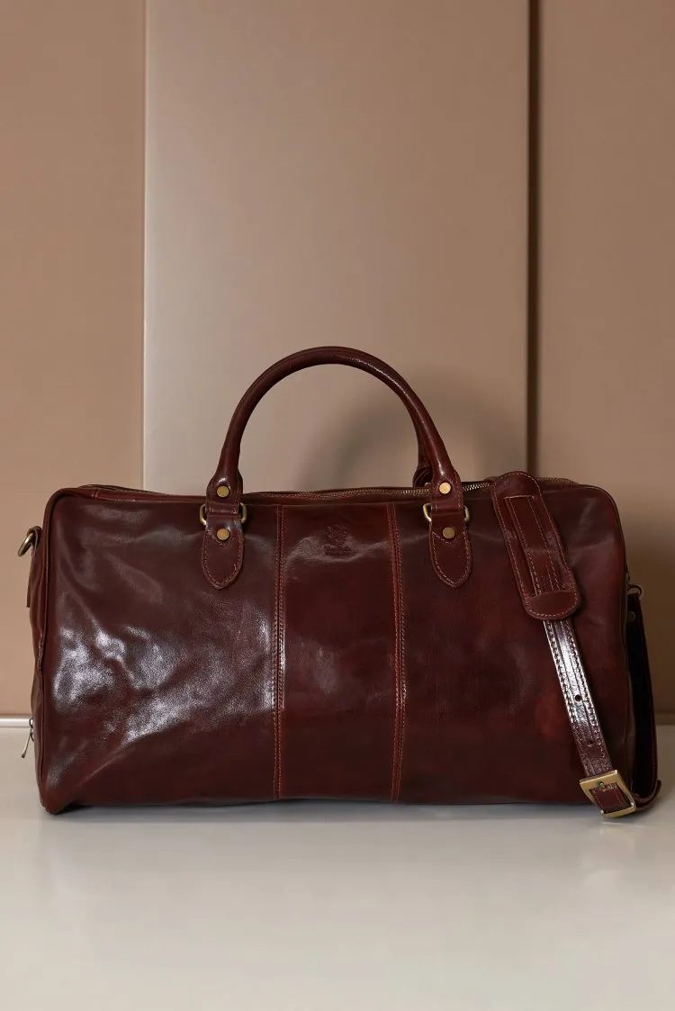 Image of Borsone da viaggio in pelle marrone con manico pieghevole