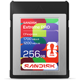 Scheda di memoria SanDisk Extreme PRO CFexpress, 256 GB, con velocità di lettura di 1700 MB/s e velocità di scrittura di 1200 MB/s, con logo FIFA.