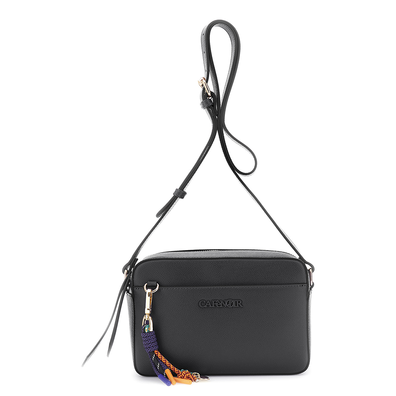 Image of camera bag effetto pelle saffiano con charms multicolor nero