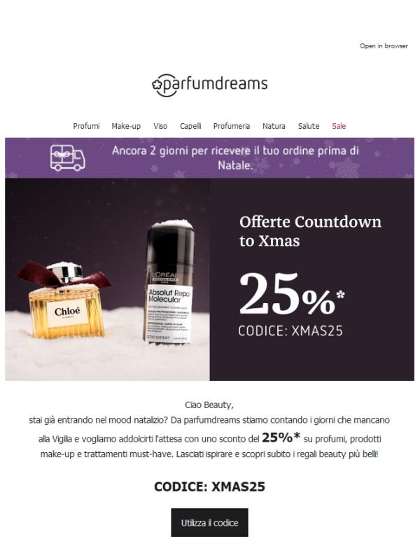 Conto alla rovescia di Natale: -25% sui nostri tesori di bellezza per le feste