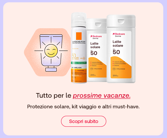 „Banner con spray solare La Roche-Posay Anthelios SPF 50 e latte solare Redcare SPF 50. Illustrazione di un sole sorridente. Testo: ‘Tutto per le prossime vacanze. Protezione solare, kit viaggio e altri must-have.’ Pulsante rosso: Scopri subito. Sfondo lilla chiaro.“ „Banner con spray solare La Roche-Posay Anthelios SPF 50 e latte solare Redcare SPF 50. Illustrazione di un sole sorridente. Testo: ‘Tutto per le prossime vacanze. Protezione solare, kit viaggio e altri must-have.’ Pulsante rosso: Scopri subito. Sfondo lilla chiaro.“