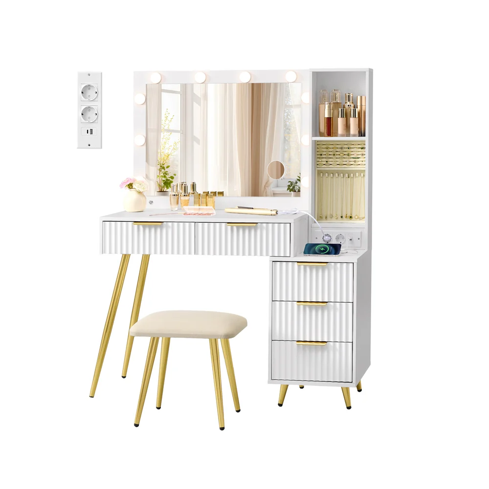 Image of Tavolo da trucco con sgabello e specchio illuminato