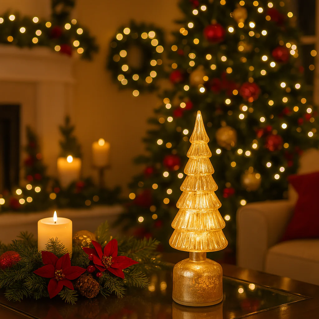 Albero decorativo in vetro color oro con luci Led a batteria per decorazione natalizie