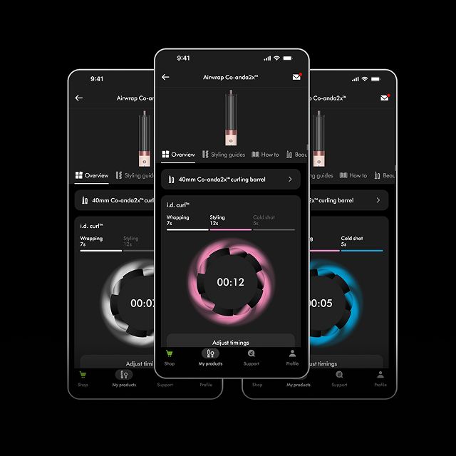 La sequenza di creazione ricci personalizzata i.d. curl nell’app MyDyson su tre smartphone.