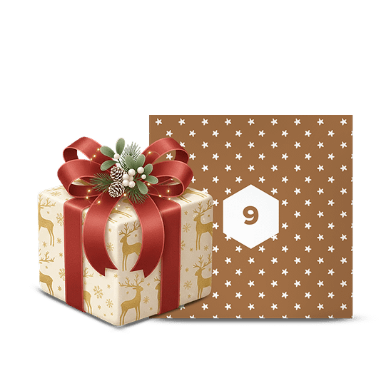 Una confezione regalo festiva con una renna dorata e un fiocco rosso, accanto a uno sfondo marrone con un numero 9 bianco in un esagono, che ricorda un calendario dell'avvento.