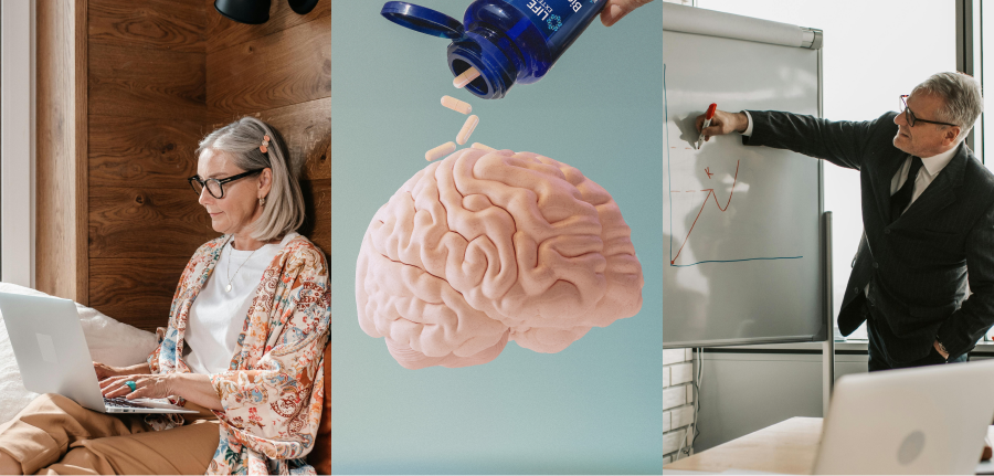 alt="Collage che mostra tre immagini: una di una donna che lavora su un laptop, una che mostra una bottiglia di tablet Life Extension Cognitex Elite che viene versata in un modello 3D di un cervello e una di un uomo che disegna un grafico su una lavagna.»