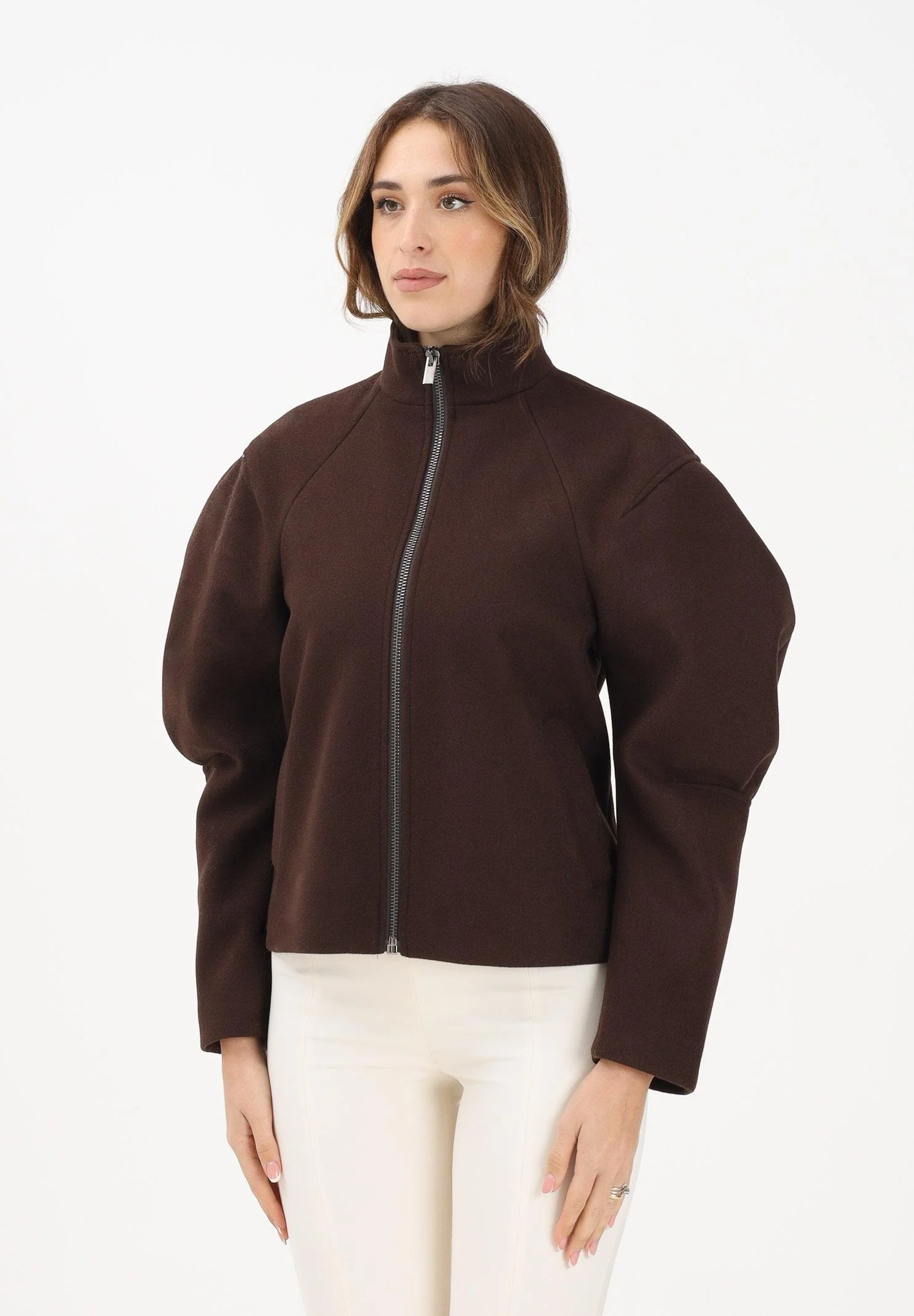Image of VICOLO Cappotto corto marrone da donna con maniche a sbuffo