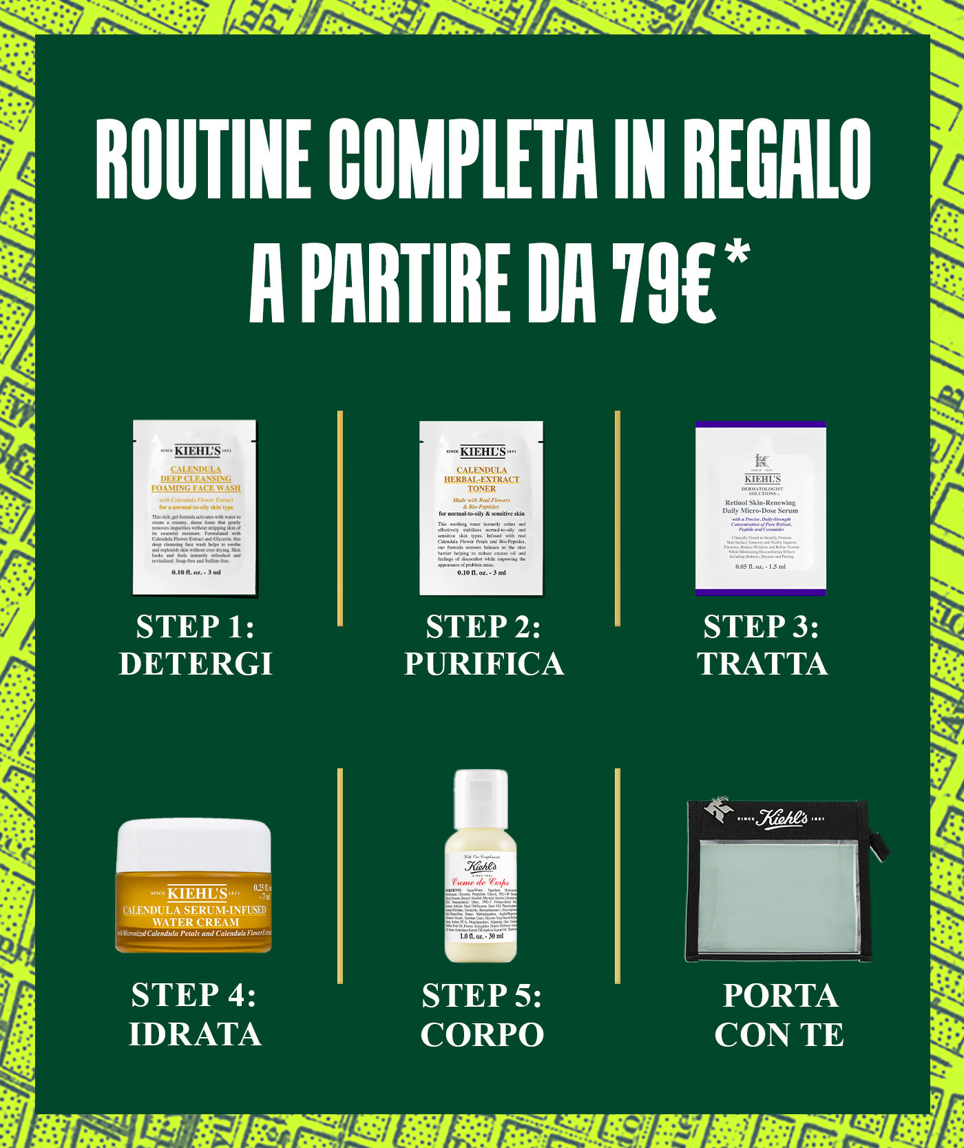 Banner Kiehl&rsquo;s con titolo 'Routine completa in regalo a partire da 79&euro;'. Mostra sei prodotti in mini-size in ordine di routine: detergente, tonico, siero trattante, crema idratante, lozione corpo e una pochette da viaggio.