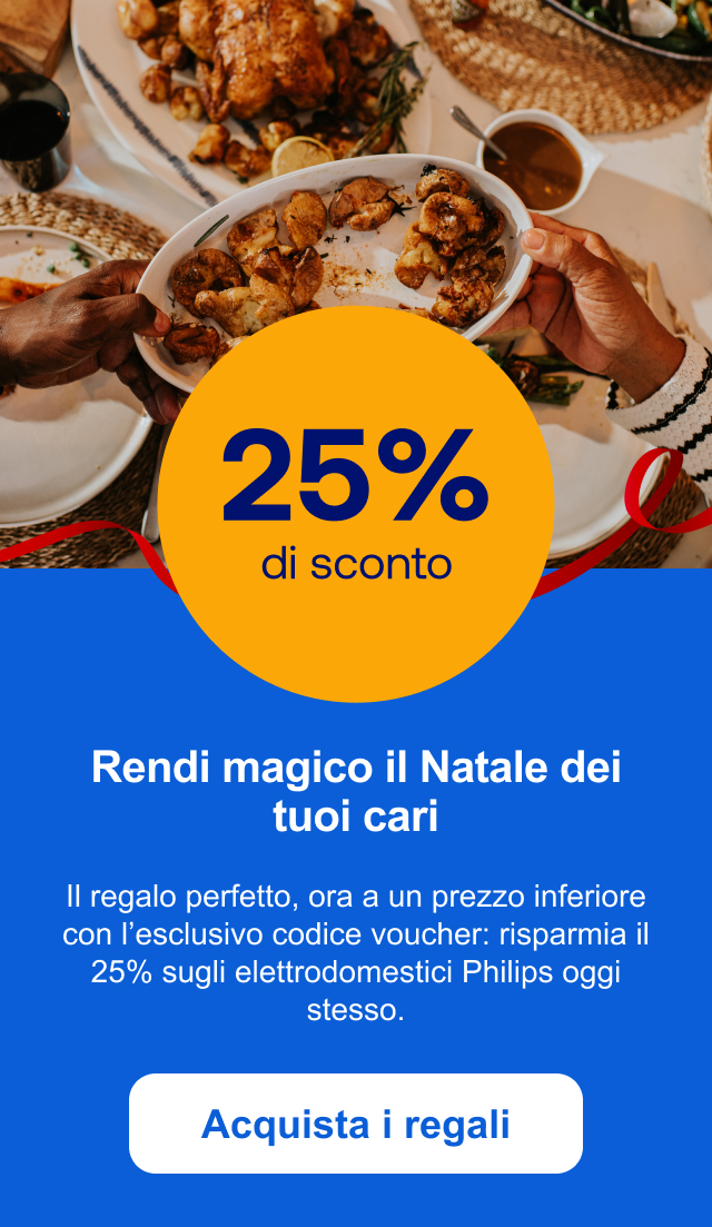 Rendi magico il Natale dei tuoi cari. Il regalo perfetto, ora a un prezzo inferiore con l’esclusivo codice voucher: risparmia il 25% sugli elettrodomestici Philips oggi stesso. Acquista i regali