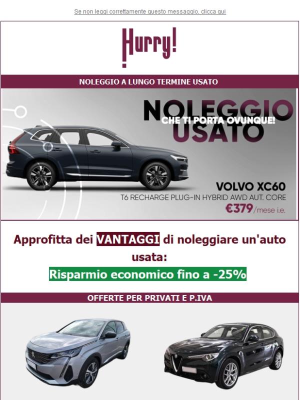 💲FINO al -25% sul NOLEGGIO DI UN' AUTO USATA🚘: XC60, Avenger, X2, e tante altre!