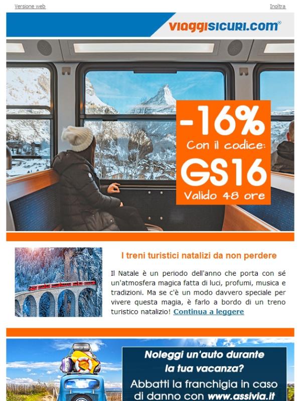 - 16% su tutte le nostre polizze e viaggi di Natale in treno