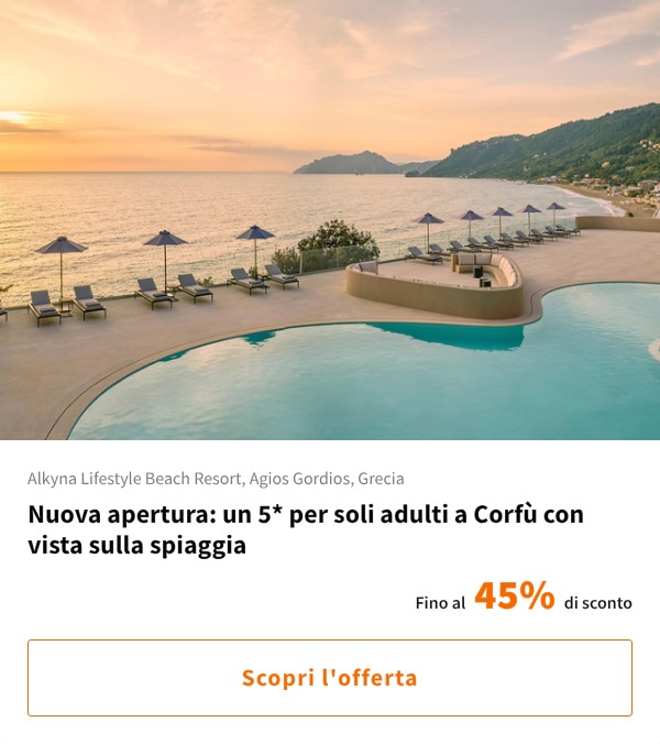 Nuova apertura: un 5* per soli adulti a Corfù con vista sulla spiaggia