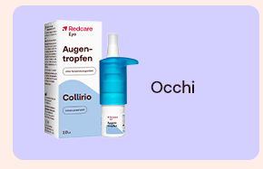 &bdquo;Confezione e flacone Redcare Collirio Augen-Tropfen. Testo: &lsquo;Occhi&rsquo;. Sfondo lilla.&ldquo;