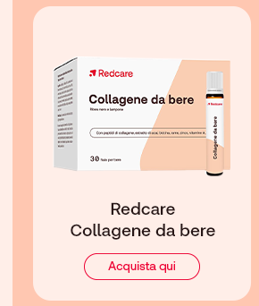&bdquo;Confezione Redcare Collagene da bere con flaconcino monodose. Testo: &lsquo;Redcare Beautykollagen&rsquo;. Pulsante rosso: Acquista qui. Sfondo salmone chiaro.&ldquo;