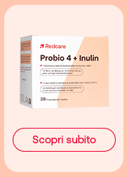 &bdquo;Confezione Redcare Probio 4 + Inulin. Pulsante rosso: Scopri subito. Sfondo salmone chiaro.&ldquo;