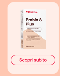 &bdquo;Confezione Redcare Probio 8 Plus. Pulsante rosso: Scopri subito. Sfondo salmone chiaro.&ldquo;