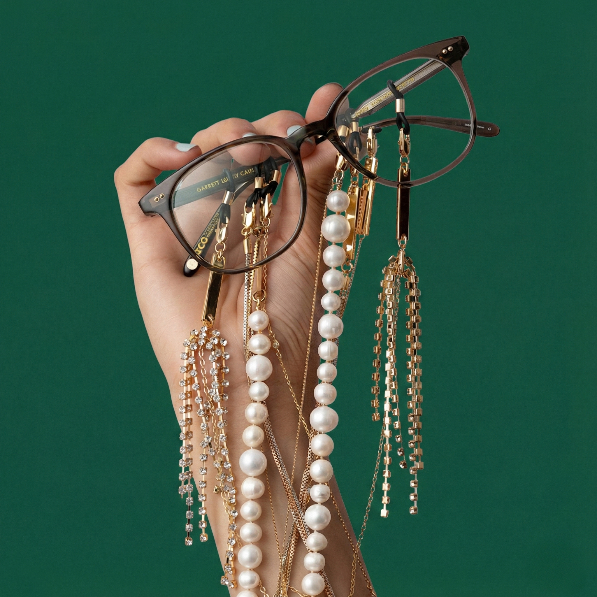 Mano che tiene occhiali con catenina