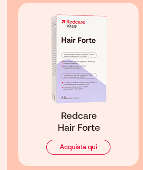 &bdquo;Confezione Redcare Hair Forte, 60 capsule. Testo: &lsquo;Redcare Hair Forte&rsquo;. Pulsante rosso: Acquista qui. Sfondo salmone chiaro.&ldquo;