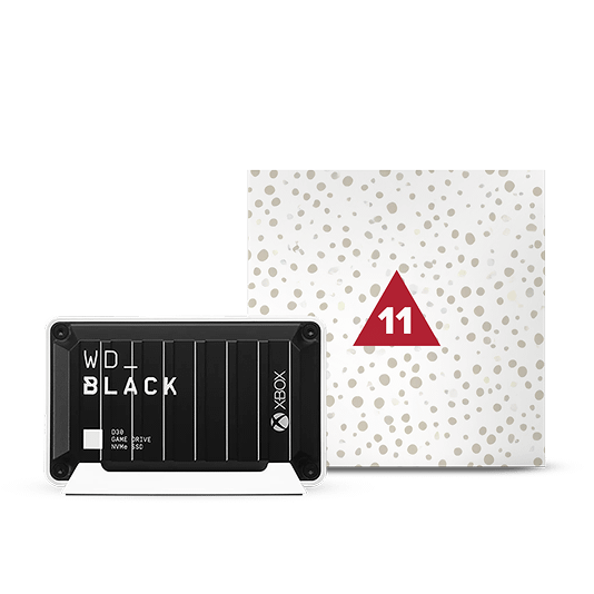 Un Game Drive D30 WD_BLACK&trade; per Xbox&trade; e un quadrato con uno sfondo natalizio e il numero 11.