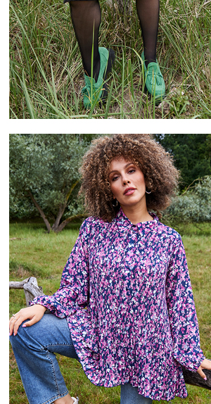 Blusa dal taglio svasato con plissettatura, fiori, collo da camicia e maniche lunghe