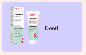 &bdquo;Confezione e tubo di dentifricio Redcare Zahnpasta. Testo: &lsquo;Denti&rsquo;. Sfondo lilla.&ldquo;