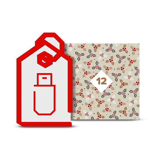Un'etichetta regalo delineata in rosso con un'icona USB rossa, accanto a una scatola a tema natalizio decorata con agrifoglio e che mostra il numero 12.
