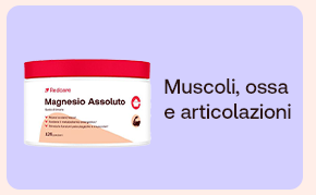 &bdquo;Barattolo Redcare Magnesio Assoluto. Testo: &lsquo;Muscoli, ossa e articolazioni&rsquo;. Sfondo lilla.&ldquo;