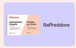 &bdquo;Confezione Redcare Halstabletten Propolis / Pastiglie per la gola. Testo: &lsquo;Raffreddore&rsquo;. Sfondo lilla.&ldquo;