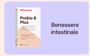 &bdquo;Confezione Redcare Probio 8 Plus. Testo: &lsquo;Benessere intestinale&rsquo;. Sfondo lilla.&ldquo;
