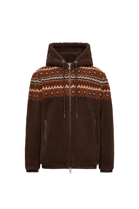 Felpa con Cappuccio in Misto Lana Jacquard con Motivo Geometrico