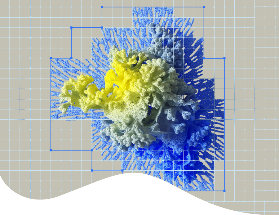 Illustrazione di una struttura cellulare colorata nei toni del blu e del giallo.