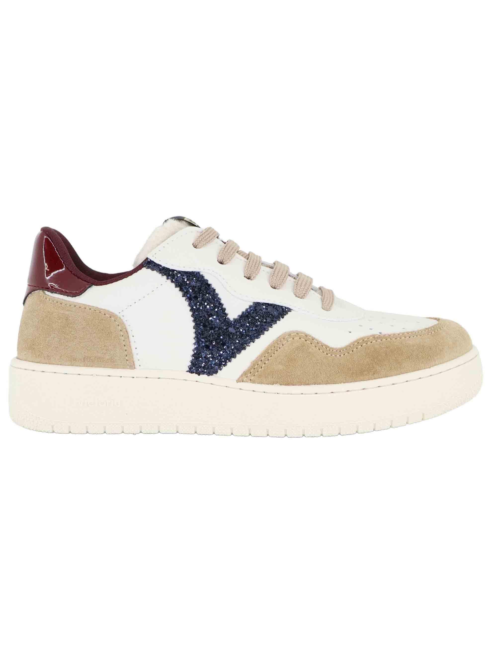 Sneakers donna in pelle bianca e camoscio con glitter 1258272 Beige Victoria 