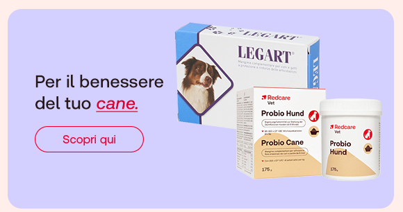 &bdquo;Banner con confezioni Legart e Redcare Probio Hund per cani. Testo: &lsquo;Per il benessere del tuo cane.&rsquo; Pulsante rosso: Scopri qui. Sfondo lilla.&ldquo;