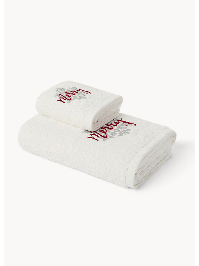 Set 2 asciugamani in spugna di cotone con fiocco di neve ricamato