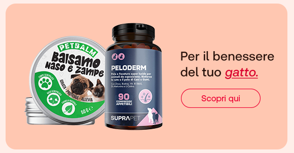 &bdquo;Banner con balsamo naso e zampe PetBalm e integratore Peloderm per gatti. Testo: &lsquo;Per il benessere del tuo gatto.&rsquo; Pulsante rosso: Scopri qui. Sfondo rosa salmone.&ldquo;
