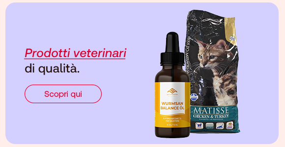 &bdquo;Banner con olio Wurmsan Balance e sacco di crocchette Matisse. Testo: &lsquo;Prodotti veterinari di qualit&agrave;.&rsquo; Pulsante rosso: Scopri qui. Sfondo lilla.&ldquo;