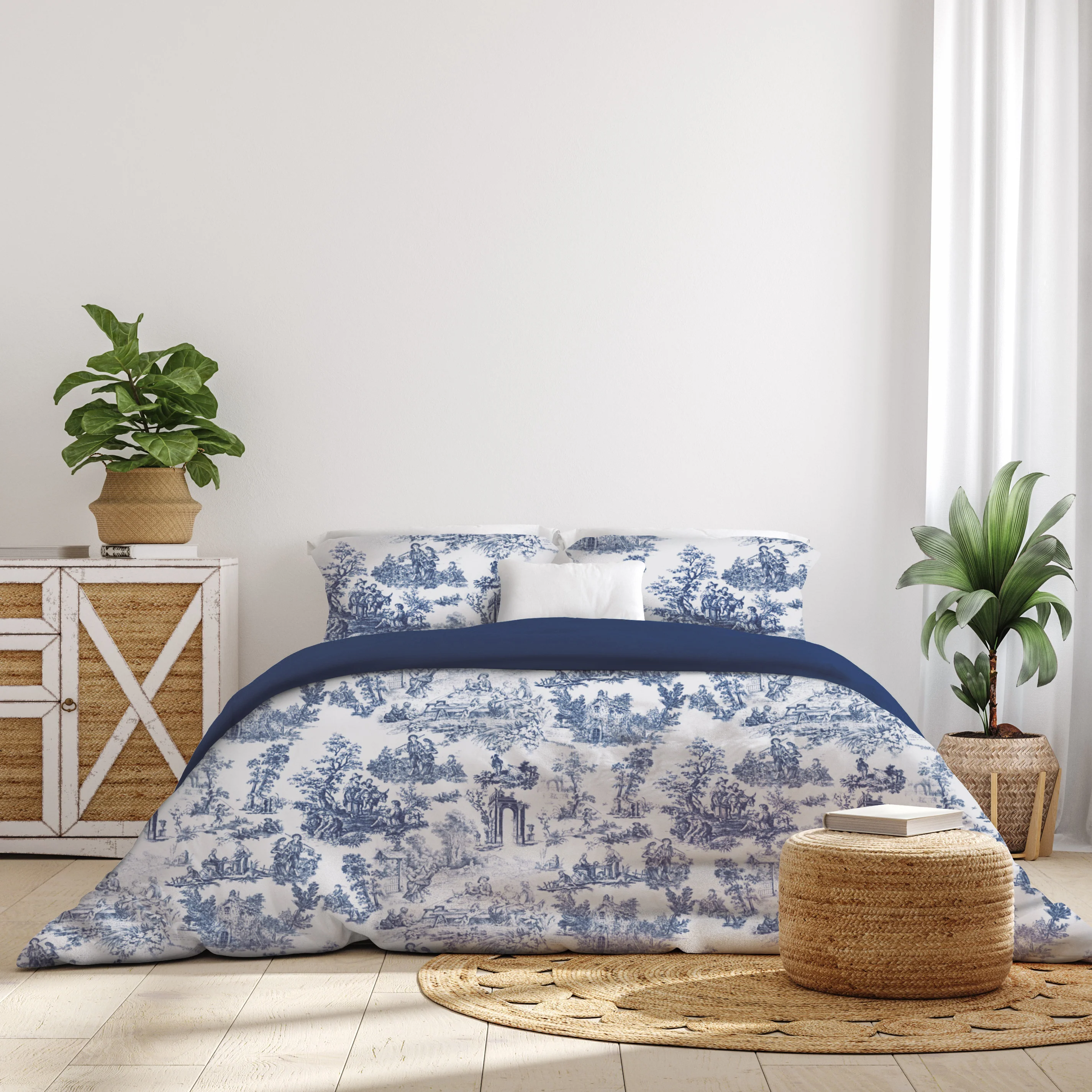 Image of Parure Copripiumino in Percalle di <br>Cotone con Stampa - <b>Toile de Jouy