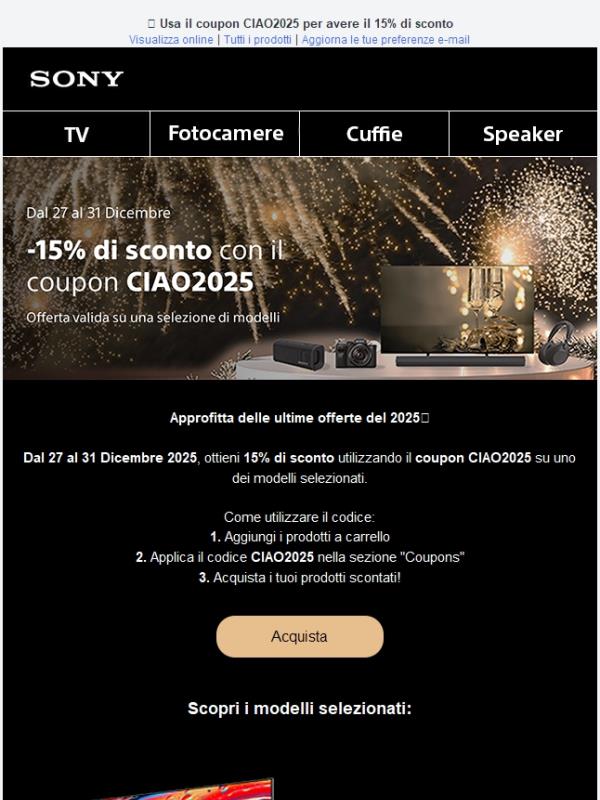 -15% A CARRELLO 🥂 Usa il coupon CIAO2025 su una selezione di modelli per ottenere lo sconto