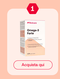 &bdquo;Confezione di Redcare Omega-3 Forte, 120 capsule. Sfondo marrone con cornice salmone.&ldquo;