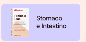 &bdquo;Confezione Redcare Probio 8 Plus. Testo: &lsquo;Benessere intestinale&rsquo;. Sfondo lilla.&ldquo;
