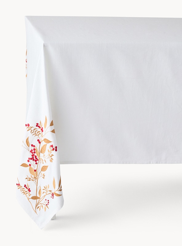 Tovaglia in slub di puro cotone con ricamo foliage