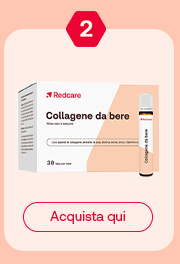 &bdquo;Confezione Redcare Collagene da bere con flaconcino monodose. Testo: &lsquo;Redcare Beautykollagen&rsquo;. Pulsante rosso: Acquista qui. Sfondo salmone chiaro.&ldquo;