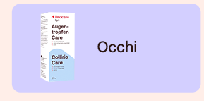 &bdquo;Confezione Redcare Collirio Care (Augentropfen). Testo: &lsquo;Oculare&rsquo;. Sfondo lilla.&ldquo;