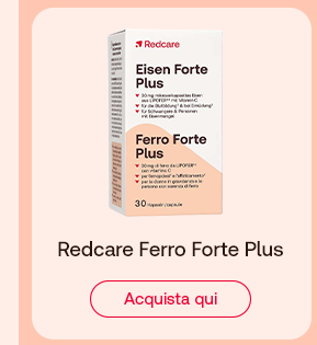 &bdquo;Flacone Redcare Eisen Forte Plus da 30 capsule. Testo: &lsquo;Redcare Eisen Forte Plus&rsquo;. Pulsante rosso: Acquista qui. Sfondo salmone chiaro.&ldquo;