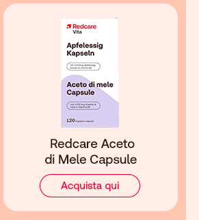 &bdquo;Confezione Redcare Apfelessig Kapseln &ndash; Aceto di mele capsule da 120. Testo: &lsquo;Redcare Apfelessigkapseln&rsquo;. Pulsante rosso: Acquista qui. Sfondo salmone chiaro.&ldquo;