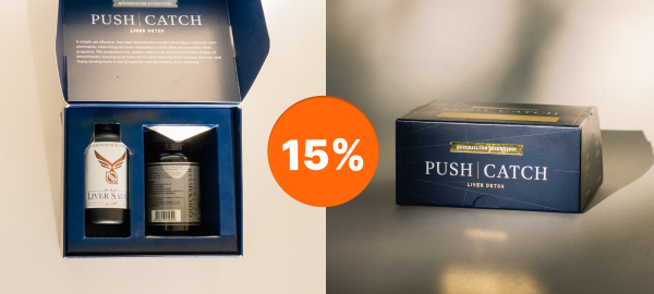 Una confezione di PushCatch Liver Detox di Quicksilver Scientific, che mostra i due prodotti all'interno, e un badge sconto arancione che riporta "15%».