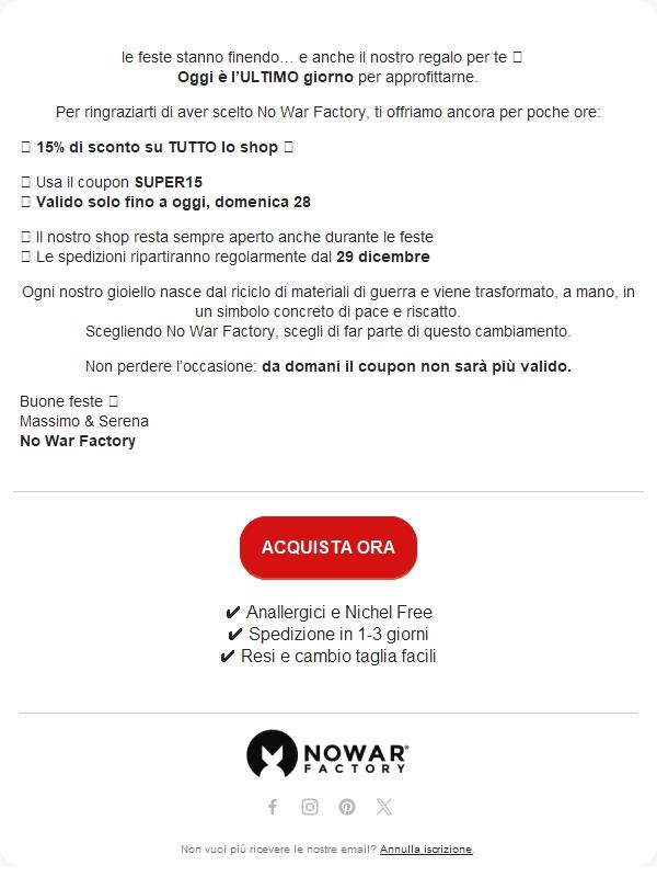 ⏰ Ultimo giorno per il -15%: scade oggi il tuo regalo No War Factory