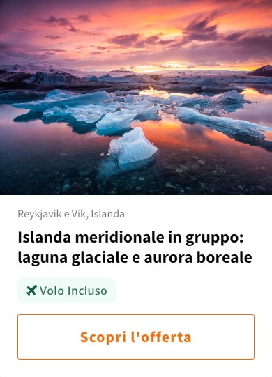 Islanda meridionale in gruppo: laguna glaciale e aurora boreale